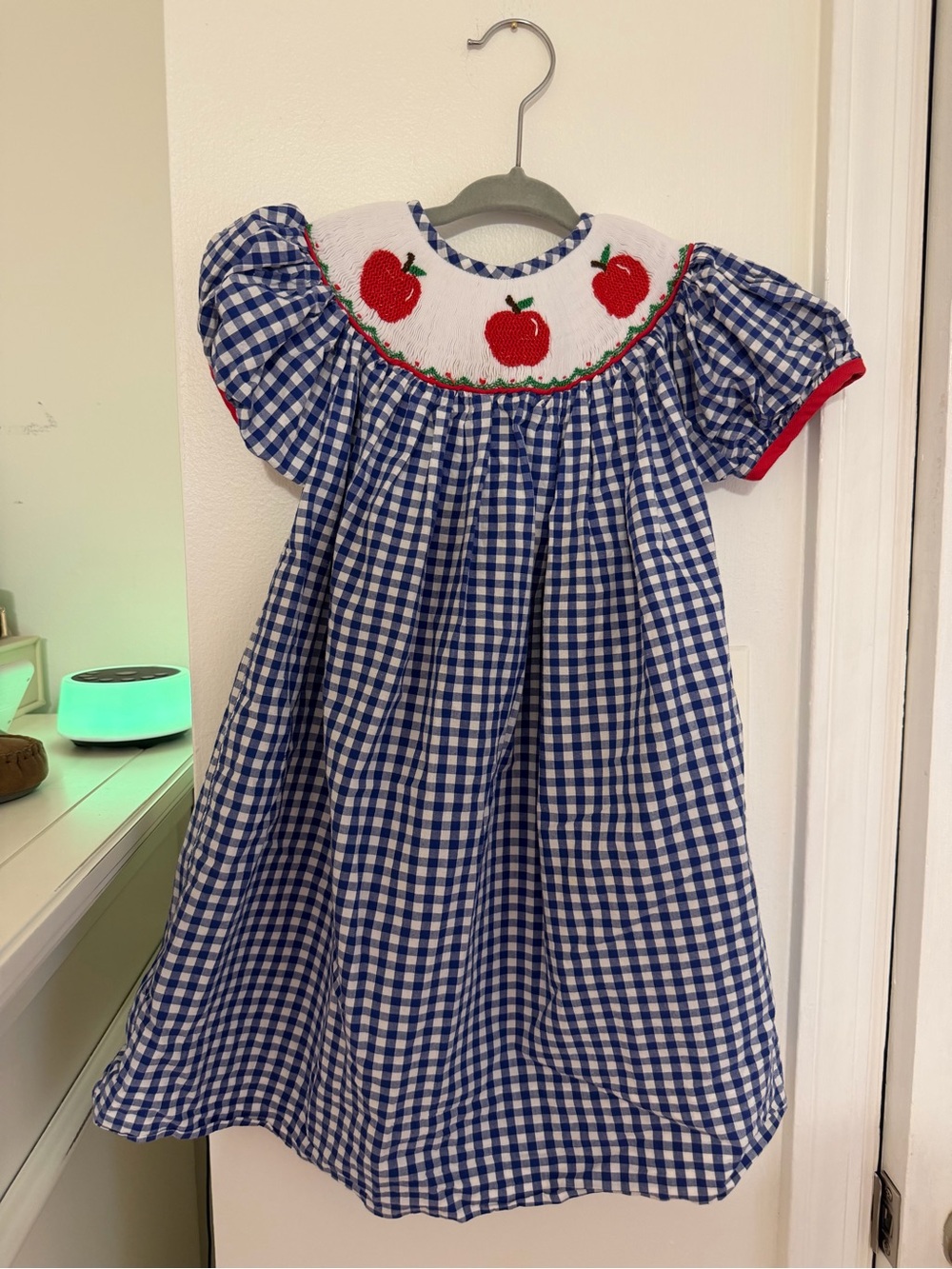 Blue Gingham Smocked Kids Dress with Red Apple Detail